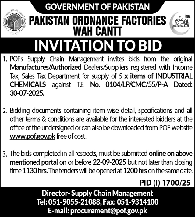 Pakistan Ordnance Factories Wah Cantt Tender Notice